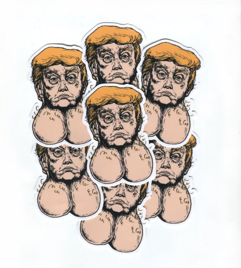 May include: A set of eight stickers featuring a cartoon illustration of a man with orange hair and a serious expression. The man's face is surrounded by two large, round, peach-coloured objects with gold lettering.