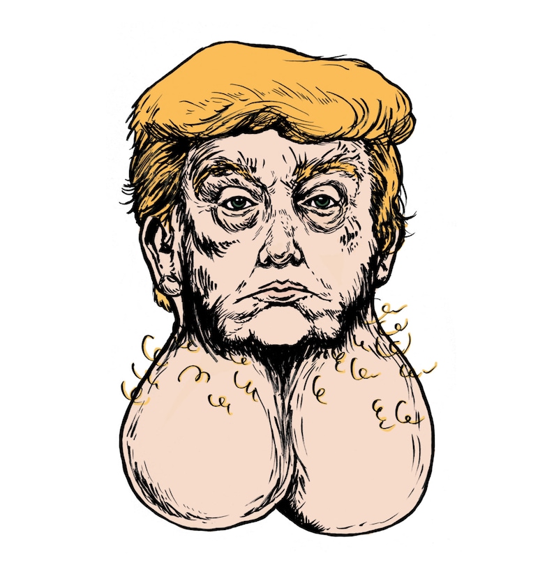 May include: A cartoon illustration of a person with a yellow hairstyle and a serious expression. The person's neck is depicted as two large, round, fleshy protrusions.