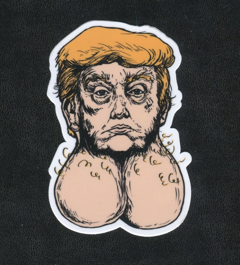 May include: A sticker featuring a cartoon illustration of a person with blonde hair and a serious expression. The person's head is on top of two large, round, flesh-coloured objects.