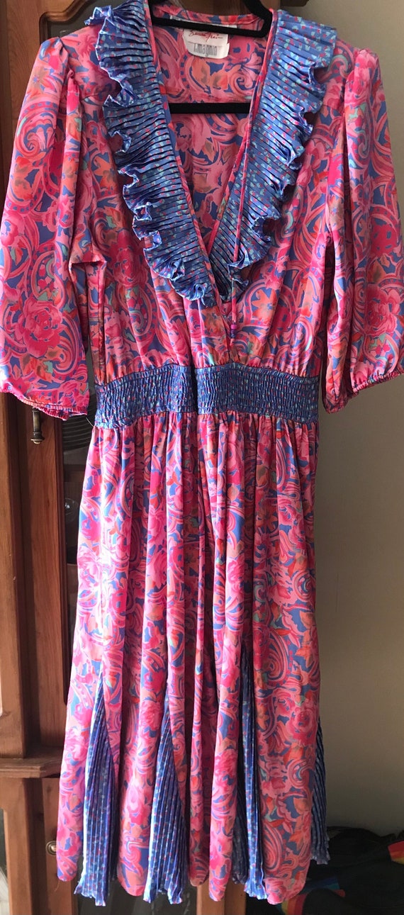1980’s Susan Freis Satin Pink and blue dress size 