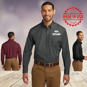 Custom Men&#39;s Long-Sleeve / Custom Embroidery on Long Sleeve / Carefree Poplin Shirt / Personalized Work Shirt - No Setup - Personalize Shirt