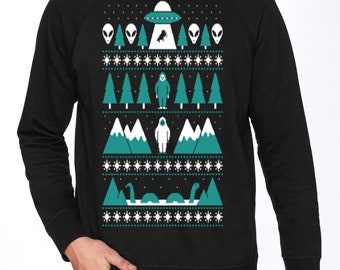 Christmas Ugly Sweater Alien Bigfoot Wilderness