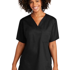 May include: Black short-sleeved scrub top with a v-neck and a single pocket on the left side.