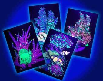 Fluorescent Coral Reef Plexiglass Prints (Set of 4), Glows Under UV Light