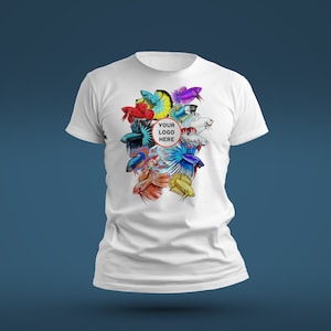 May include: White t-shirt with a colourful illustration of Betta fish in red, blue, yellow, and purple. The design includes a circular space with the text "YOUR LOGO HERE".