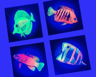 4 Fluorescent Fish glow in the dark marine Fish aquarium digital painting - Yellow Tang, Royal Grama, Copperband butterfly, Flame Angel