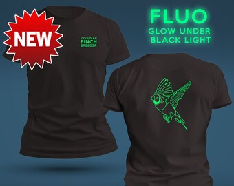 Minimalistic FLUO green glow Gouldian Finch Breeder black T-shirt. Green glow under Black light. Both sides printed.