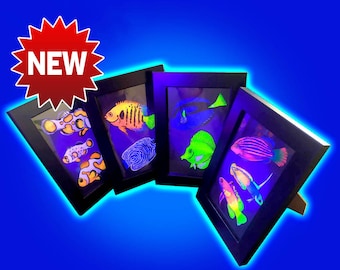 Set of 4 Fluorescent Marine Coral Fish reef tank aquarium digital painting. Neon glow in the dark under blue light.