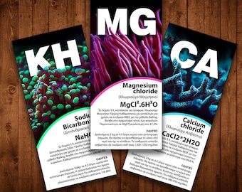 Set of 3 Stickers for Reef Dosing Pump custom jars, KH - Alkalinity, MG- Magnesium, CA- Calcio.