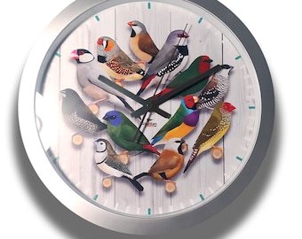 Exotic finches silver Wall Clock with modern design. Gouldian finch, Zebra finch, Java finch, Society finch and other birds