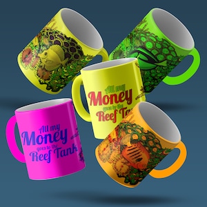 Set of 4 FLUO Coffee Mug Reef coral tank Marine Aquarium, Saltwater Aquarium cup with reef quotes text.