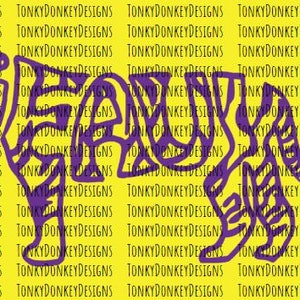 May include: Purple silhouette of a tiger with a yellow background. The tiger is outlined in a thick purple line and has a striped pattern. The tiger is standing on all fours and has its head turned to the side. The word "FAUX" is written in a stylized font inside the tiger's body.