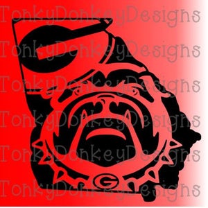 May include: Black and white silhouette of a bulldog's head with a spiked collar and the letter 'G' inside the collar. The bulldog's head is inside the outline of the state of Georgia.