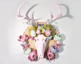 Recycled Faux Floral Pink Deer Skull with Antlers