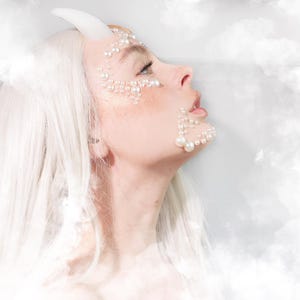 Puede incluir: Una mujer con cabello blanco y un cuerno blanco en la frente tiene decoraciones de perlas en la cara. El fondo es un cielo nublado blanco.
