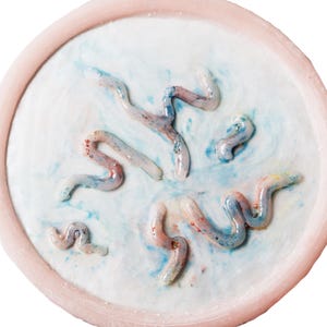 Könnte beinhalten: Eine runde, blassrosa Schale gefüllt mit einer weißen, cremigen Substanz, die mit hellblauen und roten Pigmenten durchzogen ist. Mehrere erhabene, wurmartige Formen aus demselben weiß-blau-roten Material befinden sich auf der Oberfläche.