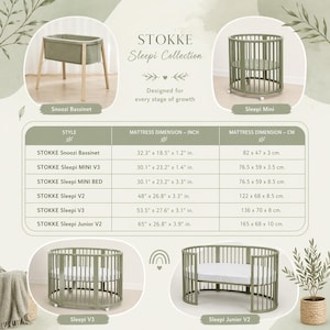 May include: An image showcasing the Stokke Sleepi Collection, including the Snoozi Bassinet and Sleepi Mini, V3, and Junior V2 models. The image includes a chart detailing mattress dimensions in inches and centimeters. The cribs are olive green.
