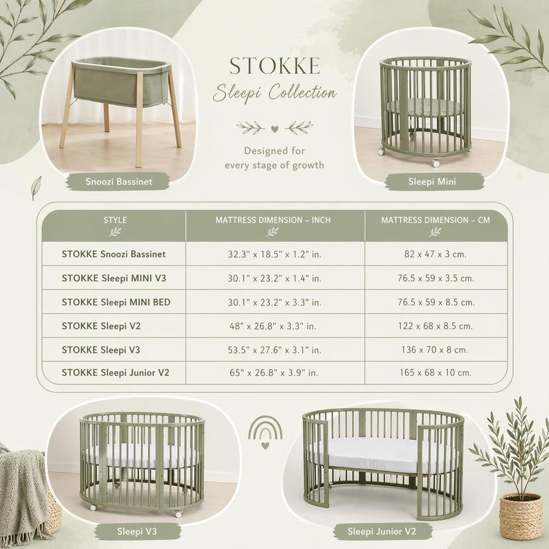 May include: An image showcasing the Stokke Sleepi Collection, including the Snoozi Bassinet and Sleepi Mini, V3, and Junior V2 models. The image includes a chart detailing mattress dimensions in inches and centimeters. The cribs are olive green.