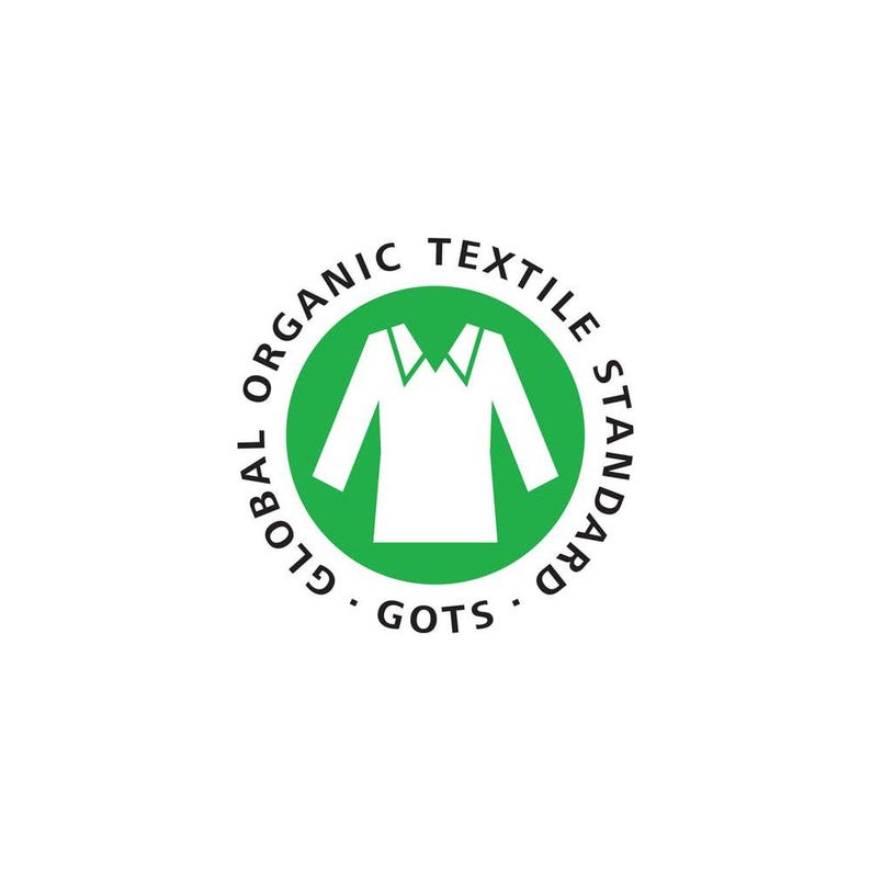 May include: A circular green logo with the words "GLOBAL ORGANIC TEXTILE STANDARD" in a circular pattern. Inside the circle is a white illustration of a shirt. The word "GOTS" is at the bottom of the circle.
