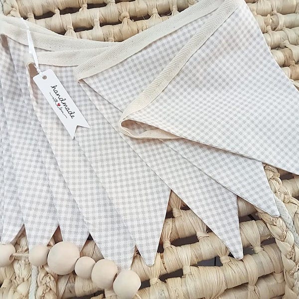 Beige Gingham  Check Fabric Bunting Wall Decor Neutral Flags Bunting