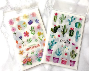 Watercolour planner stickers, cacti, floral, school supplies, bullet journal accessories, travel journal, back to school, journal stickers