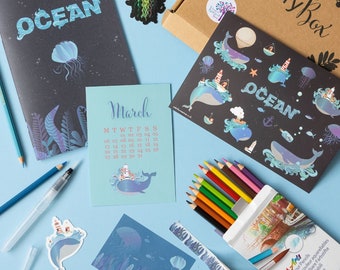 Ocean Planner Stationery Gift Set, Whale Stickers, Colouring Pages, Bullet Journal Supplies, watercolour stationary