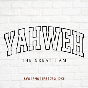 Könnte beinhalten: Schwarzweißes Grafikdesign mit dem Wort "YAHWEH" in einer fetten, blockartigen Schrift. Der Text ist gewölbt und hat einen weißen Umriss. Unter dem Text steht der Satz "THE GREAT I AM".