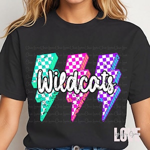 Neon Checked Lightning Wildcats PNG, Wildcats Png, Wildcats Pride Png, Game Day Png, Wildcats Shirt Sublimation, Mascot Png, DTF, DTG
