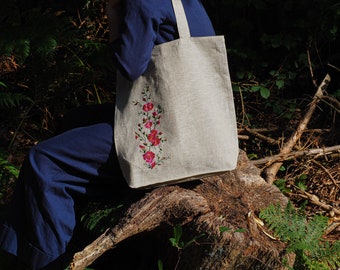 Handmade Floral Linen Tote Bag ~ Tote Bag with Embroidery ~ Rustic Linen Tote Bag