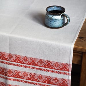 Vintage Linen Cotton Table Runner ~  Ethnic Slavic Scandinavian Folk Pattern ~ Christmas Table Runner