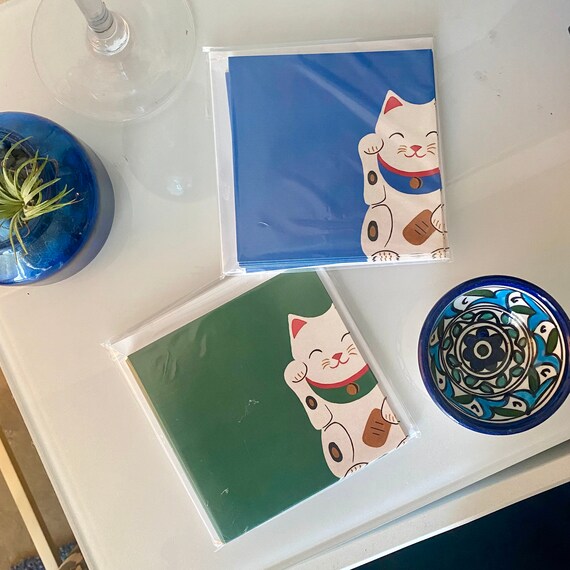 Lucky Cat Maneki Neko Asian Cat for Good Luck 5x5 Folded Set of 5 Blank Greeting Cards Thank You or Good Luck Card Japanese Stationery