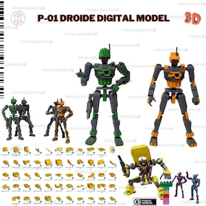 May include: A 3D printable model of a robot, called P-01 Droide, with multiple poses. The model is made up of various parts, including a head, torso, arms, and legs. The robot is in a green, orange, and gray color scheme. The image also includes a set of 3D printable parts for the robot.