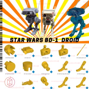 Könnte beinhalten: Ein Satz von 3D-gedruckten Teilen für einen Star Wars BD-1 Droiden. Die Teile sind gelb und mit ihren Namen beschriftet, wie z. B. "bdl-left-hip-socket.stl" und "bdl-head-v2.stl".