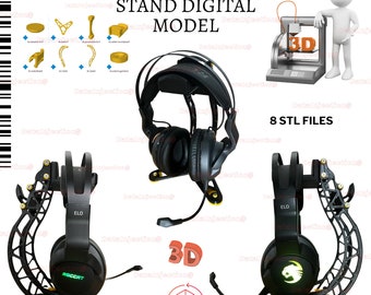 May include: 3D printable model of a headset stand. The stand is black with gold accents and features a curved design. The model is shown with a black headset with a microphone. The image includes the text "8 STL FILES" and "3D".