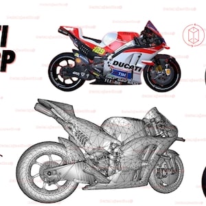 May include: A red, white, and black Ducati Moto GP motorcycle with the number 129 on the side. The motorcycle is shown in different angles, including a wireframe view. The text "DUCATI MOTO GP" is displayed in the top left corner of the image.