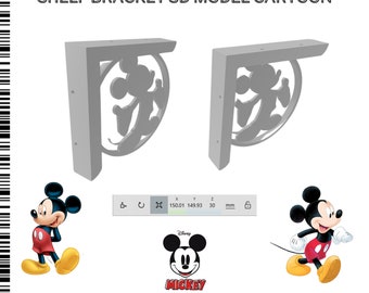 May include: A 3D printable model of a shelf bracket featuring a cartoon Mickey Mouse design. The bracket is gray and the Mickey Mouse design is black. The text "SHELF BRACKET 3D MODEL CARTOON" is at the top of the image. The text "3D DIGITAL MODEL 2 PART" is at the bottom of the image. The text "Disney MICKEY" is in the center of the image.