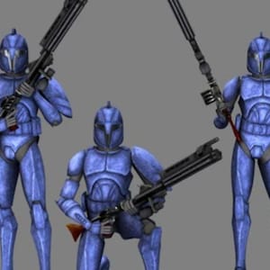 May include: Three blue and silver action figures of Star Wars clone troopers. The figures are holding various weapons, including a blaster rifle and a lightsaber.
