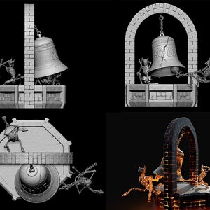 May include: A 3D printed model of a bell tower with a bell that reads "AC/DC" and two skeletal figures pulling on a chain attached to the bell.