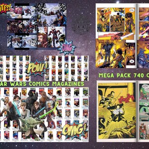 May include: A collection of 740 Star Wars comic books in CBR format. The image shows a variety of covers featuring popular characters like Darth Vader, Yoda, and Luke Skywalker. The text "MEGA PACK 740 CBR FILES" is displayed at the bottom of the image.