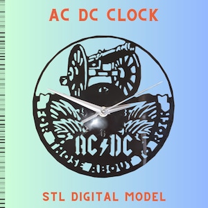 Könnte beinhalten: Schwarz-weiße Uhr mit einem AC/DC-Logo und einem Kanonen-Design. Die Uhrzeiger sind silberfarben. STL Digitales Modell.