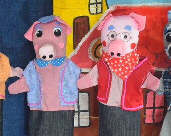The three little pigs and the wolf, wonderful unique handmade glove dolls set of four, for the puppet show, storytelling , with free ebook