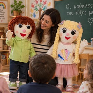 Könnte beinhalten: Zwei Stoffpuppen mit Garnhaaren und gestickten Gesichtern. Eine Puppe hat kurzes braunes Haar, ein hellgrünes Hemd und eine dunkelblaue Hose. Die andere Puppe hat langes blondes geflochtenes Haar, ein cremefarbenes Langarmshirt mit Muschelmotiv und einen rosa Rock.