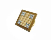 Vintage 50s Gold Tone Faux Pearls Blue Rhinestones Lipstick Holder Case and Mirror Compact Mid Century FREE Shipping