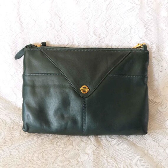 Vintage Dark Hunter Green Leather Clutch Handbag Fall Etsy