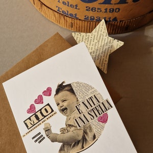 Biglietto di nascita per bambina, Biglietto di auguri per bimba, Ispirazione retro, Biglietto con busta kraft
