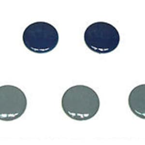 May include: Ten small, round, glossy objects in two rows. The top row features three navy blue and two gray objects. The bottom row has five gray objects. All objects have a reflective, shiny surface.