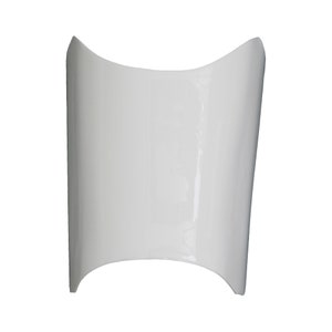May include: A curved, glossy white object with a smooth surface. The shape is reminiscent of a partial cylinder, with a concave top and bottom. The object is isolated against a white background, highlighting its form.