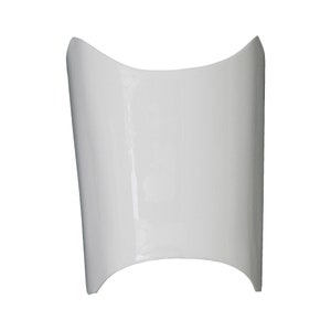 May include: A glossy, white, curved object with a smooth surface. The shape is reminiscent of a partial cylinder, with a concave top and bottom. The object appears to be made of a solid, possibly ceramic or plastic material.