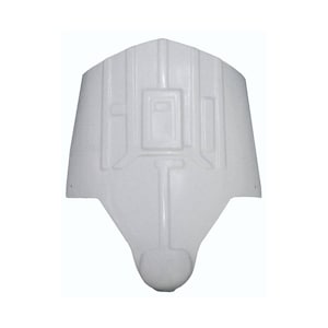Puede incluir: Un componente de plástico moldeado blanco con una superficie texturizada. La pieza tiene un diseño rectangular central con estructuras de soporte y crestas verticales. La parte inferior tiene una forma redondeada y bulbosa.