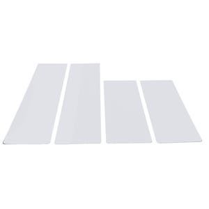 May include: Four white rectangular panels of varying sizes are arranged on a white background. The panels are slightly angled, creating a sense of depth. The panels appear to be made of a smooth, opaque material.